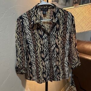 SilkLand Animal Print Blouse - Black, Brown, Cream Medium A019